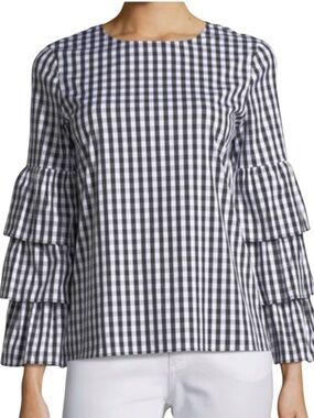 LAFAYETTE 148 NEW YORK Revina Gingham Ruffle Sleeve Poplin Blouse B&W Medium